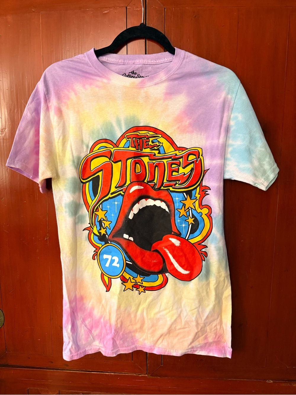 Rolling Stones Merch Tie-Dye Graphic Tee with Red Tongue and Year ‘72 Logo